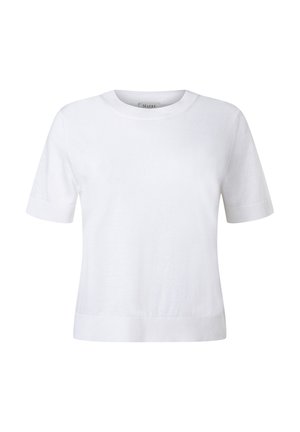 White short-sleeve knit sweater with crew neckline and ribbed cuffs and hem, displayed on a plain background.