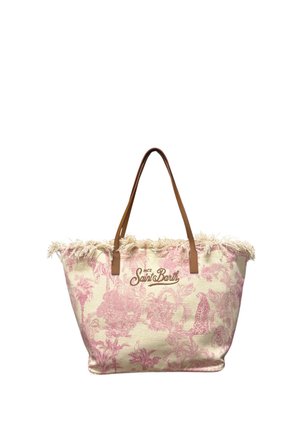 Borsa tote beige con stampa tropicale rosa, bordo superiore sfrangiato, manici in pelle marrone e "MC2 Saint Barth" ricamato sul davanti.