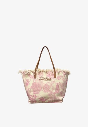 Borsa tote beige con stampa tropicale rosa, bordo superiore sfrangiato, manici in pelle marrone e "MC2 Saint Barth" ricamato sul davanti.
