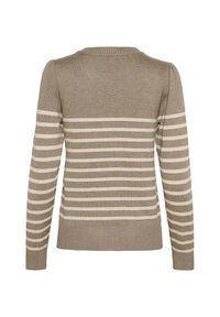 Maglione a righe beige con maniche lunghe, caratterizzato da strisce orizzontali di un leggero crema. Collo e orlo a coste in una trama di maglia liscia.