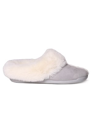 Gray slipper with a soft white faux fur cuff, suede upper, rounded toe, and textured sole for grip. Elegant and cozy design.