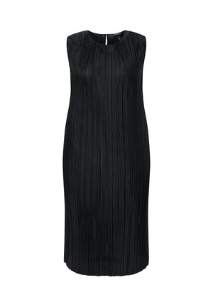 Sort ærmeløs knælængde kjole med lodrette læg og lille nøglehulsknaplukning bag på halsudskæringen.