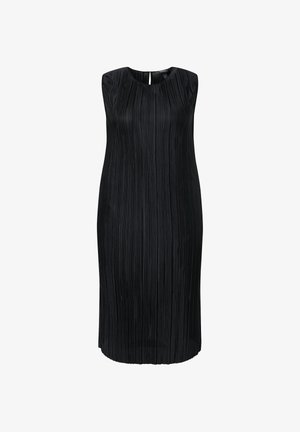 Sort ærmeløs knælængde kjole med lodrette læg og lille nøglehulsknaplukning bag på halsudskæringen.