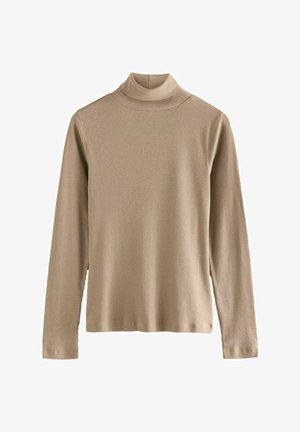 Pull à col roulé beige à côtes avec des manches longues, présentant un col ajusté, une texture douce et un ourlet droit en bas.