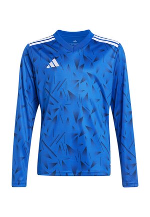 Langärmliges blaues Sporttrikot mit geometrischem Muster, aus glattem Stoff gefertigt. Verfügt über drei weiße Streifen an den Schultern und hat einen V-Ausschnitt.