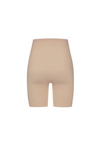 Shorts modellatori beige a vita alta, di lunghezza a metà coscia, con un pannello sagomato nell'area inguinale per comfort e supporto.