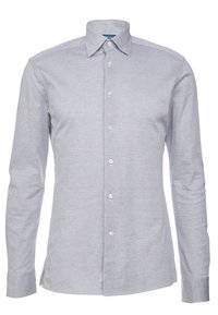 Jasnoniebieska, długi rękaw, koszula zapinana na guziki, wykonana z mieszanki bawełny, z wyraźnym kołnierzykiem, plisą frontową z guzikami i subtelną teksturą.