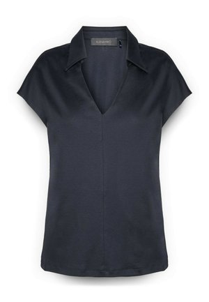 Blusa negra de manga corta con cuello y escote en V, confeccionada en tela lisa, con etiqueta de Elena Miró.