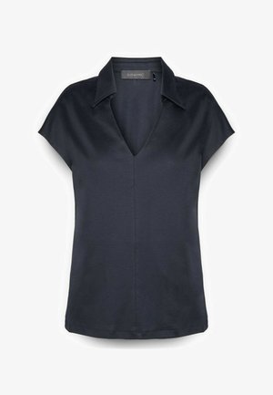 Blusa negra de manga corta con cuello y escote en V, confeccionada en tela lisa, con etiqueta de Elena Miró.