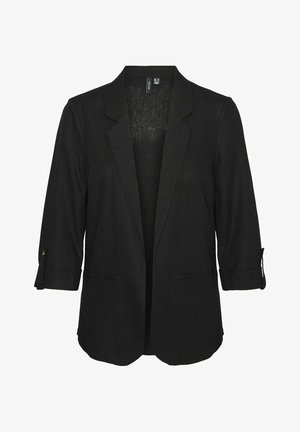 Schwarzer Blazer aus leichtem Stoff, mit einem Kragen, Dreiviertelärmel mit Knöpfen und zwei Vordertaschen. Slim-Fit-Design.