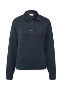 Granatowy sweter z dzianiny z deninowym kołnierzykiem, plisą na trzy guziki, ściągaczami przy mankietach i hemie. Charakteryzuje się teksturowanym materiałem i kontrastowym ściegiem.