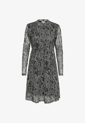 Vestido de estampado de leopardo en tonos de gris, con mangas largas, escote redondo y una cintura ajustada que se ensancha desde abajo. Tejido suave y transparente.