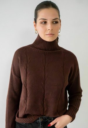 Pull à col roulé marron avec un motif de tricot en cable texturé, des poignets côtelés et une coupe décontractée, associé à un jean en denim foncé.