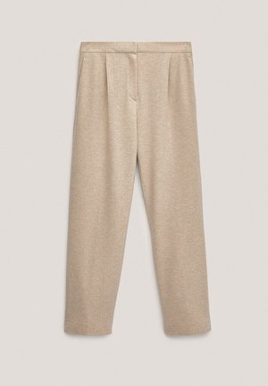 Beige, woven trousers with a herringbone pattern. Features a flat front, side pockets, and tapered legs. Soft texture and casual design.
