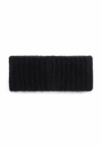 Bandeau en laine noire tricoté avec une texture côtelée, conçu pour la chaleur et le confort.