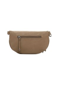 Borsa a spalla in pelle morbida color cuoio con forma arrotondata, dotata di una tasca frontale con zip e di una tracolla corta e regolabile. Texture liscia e dettagli metallici.