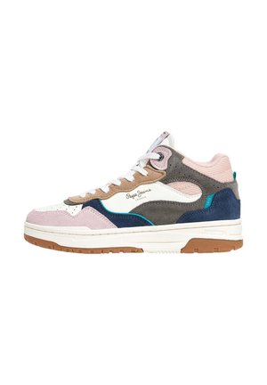 Sneakers mid-top con una combinazione di suede rosa, marrone, grigio e blu. Suola intermedia bianca con suola in gomma. Logo sui lati e sui lacci.