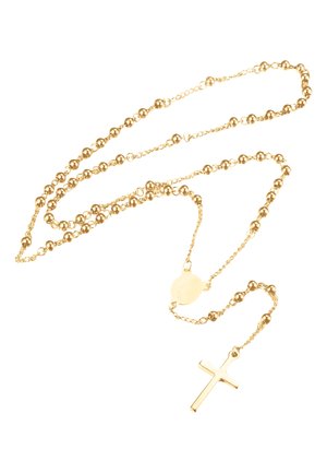 Chapelet de couleur dorée avec des perles liées, un médaillon central et une croix simple à l'extrémité, sur fond blanc.