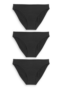 Zwart katoenen bikini slipset. Kenmerken een gladde textuur, middelhoge taille en naadloze randen. Drie stuks weergegeven in een stapel.