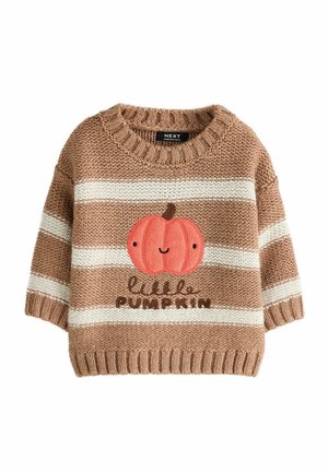Brązowo-kremowy sweter w paski dla malucha z uśmiechniętą dynią i tekstem "little pumpkin" z przodu.