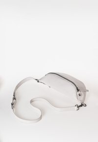 Borsa a tracolla in pelle grigia con design curvo, chiusura a zip e tracolla regolabile. Presenta hardware metallico e una superficie liscia.