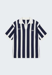 Chemise à manches courtes style rugby avec rayures verticales bleu marine et blanches, col blanc et petit logo "EXP" sur la poitrine.