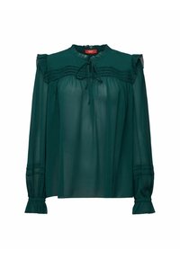 Blouse verte foncée transparente à manches longues, avec poignets et col à volants, empiècement plissé et détail noué au col.