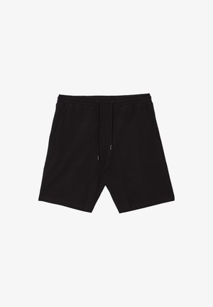 Schwarze Sportshorts aus weichem, dehnbarem Stoff. Mit einem elastischen Bund mit Kordelzug und seitlichen Taschen.