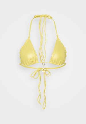 Yellow shiny halter bikini top with triangle cups, tied straps at neck and back, featuring a small star-shaped charm at the center front.