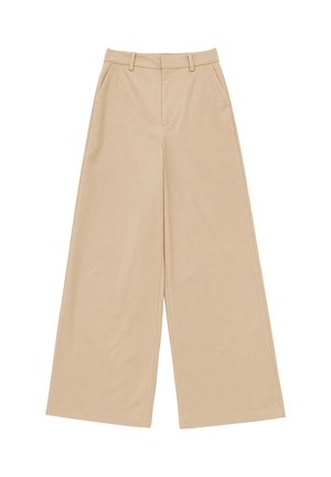 Beżowe spodnie o szerokich nogawkach z wysokim stanem, wykonane z gładkiej tkaniny. Posiadają przednie kieszenie i szlufki na pasek.