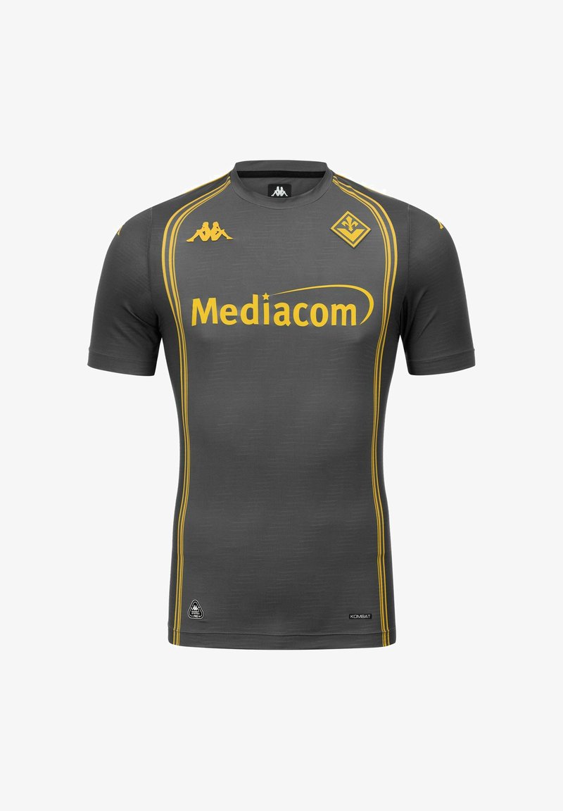 Maillot de football gris foncé avec des rayures jaunes, logo Mediacom, logo de la marque Kappa et un emblème d'équipe jaune en forme de diamant sur la poitrine.