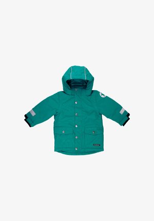 Tiefergrüne wasserdichte Jacke mit Kapuze, Druckknöpfen und zwei Vordertaschen. Verfügt über reflektierende Streifen an den Ärmeln und ein Logo auf der Schulter.