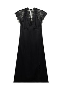 Zwarte mouwloze jurk met kanten kapmouwen, V-halslijn en een strik aan de achterkant. Voorzien van een zijsplit met decoratieve kanten rand. Gladde textuur.