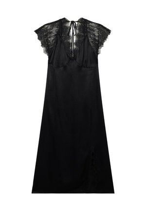 Czarna sukienka bez rękawów z koronkowymi krótkimi rękawkami, dekoltem w serek i wiązaniem z tyłu. Posiada boczne rozcięcie z ozdobną koronkową lamówką. Gładka faktura.