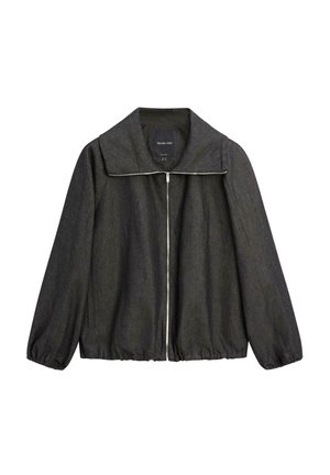 Donkergrijs vest met ritssluiting, brede kraag en elastische manchetten, lichtgewicht gestructureerde stof en zijzakken.