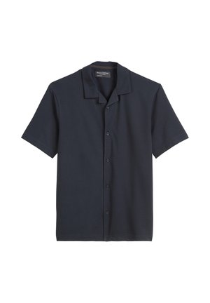 Short-sleeve navy blue casual button-up shirt with camp collar, displayed flat against white background.