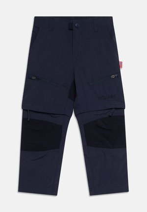 Marineblaue Outdoor-Hosen mit Reißverschlusstaschen, verstärkten Kniefeldern und elastischem Bund. Aus leichtem, strapazierfähigem Material gefertigt.