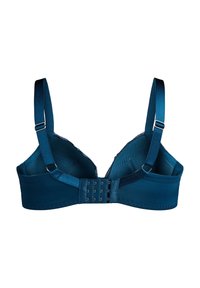 Teal beha met verstelbare banden, gladde stof, kantdetails op de cups en een haak-en-oogsluiting aan de achterkant.