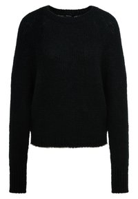 Maglione nero lavorato a maglia con una forma boxy, scollo rotondo e maniche lunghe. Presenta polsini a costine e un tessuto testurizzato per un interesse visivo.