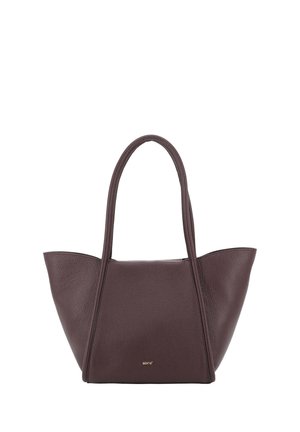 Large dark brown leather handbag with two long handles and a slightly flared trapezoid shape, showing a small gold logo at the bottom center.