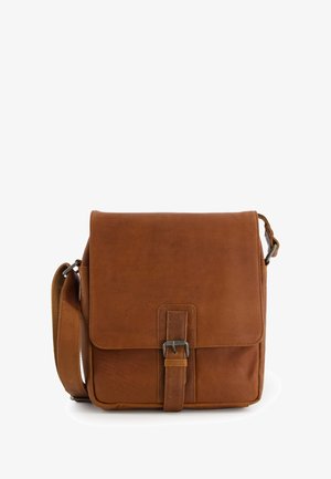 Brown leather messenger bag with a smooth texture, rectangular shape, adjustable strap, and a front flap secured by a metal buckle.