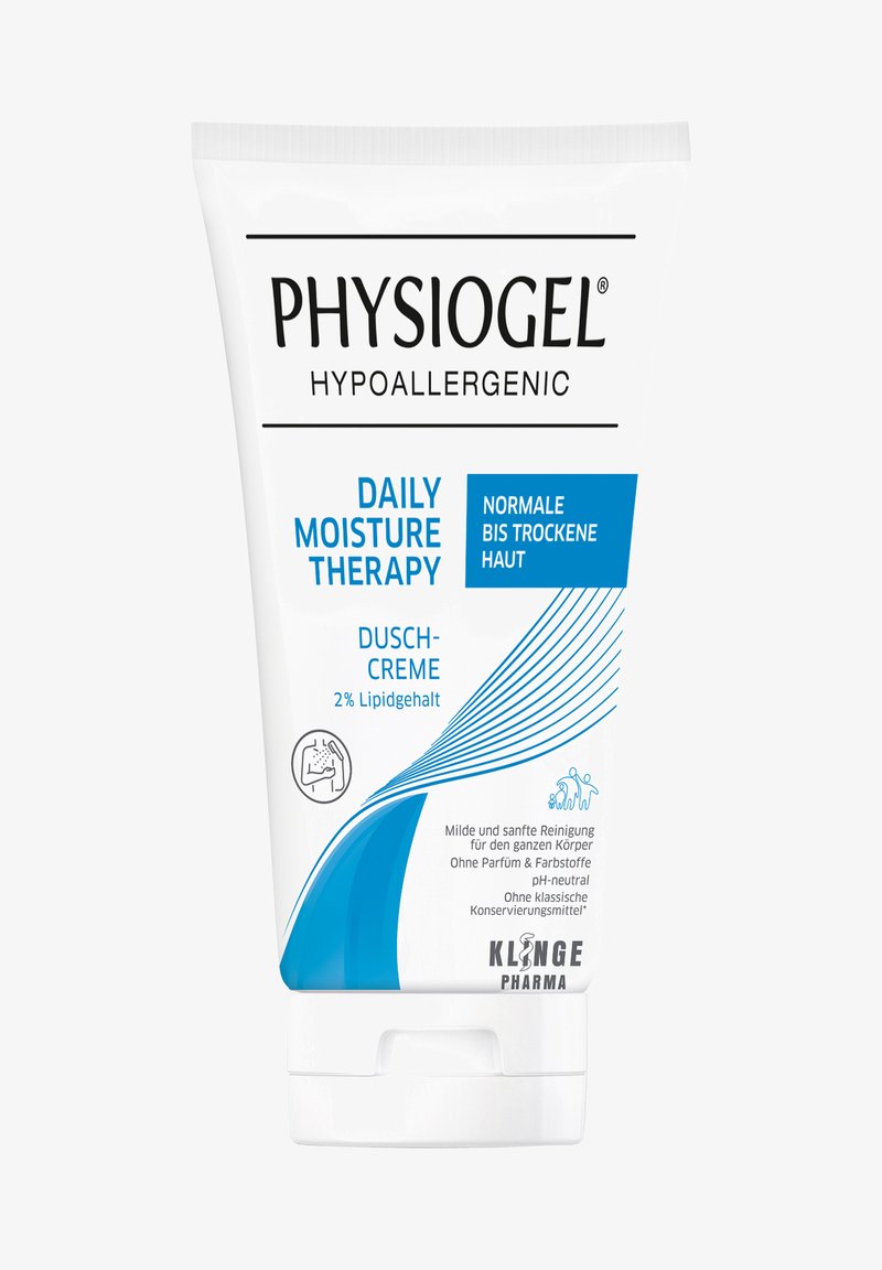 Weißes, drückbares Röhrchen mit Physiogel Daily Moisture Therapy Creme. Auffälliger blauer Text und grafische Elemente; hypoallergene Kennzeichnung enthalten.