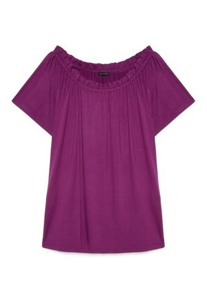 Blusa viola con spalle scoperte, maniche corte e scollo elastico arricciato, realizzata in tessuto leggero.