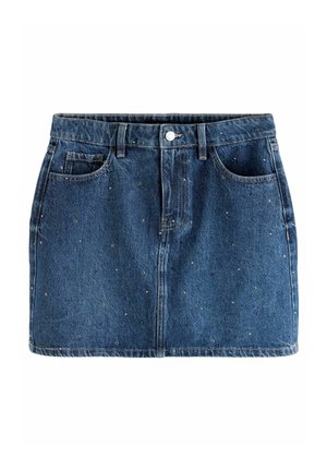 Denim minirok met knopen en rits aan de voorkant, riemlussen, twee voorzakken en kleine zilveren studs verspreid over de stof.
