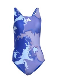 One-piece swimwear featuring a fluid design in shades of blue and light purple, made of stretchy material with thin shoulder straps.