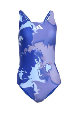 Jednoczęściowy kostium kąpielowy z płynnym wzornictwem w odcieniach niebieskiego i jasnofioletowego, wykonany z elastycznego materiału z cienkimi ramiączkami.