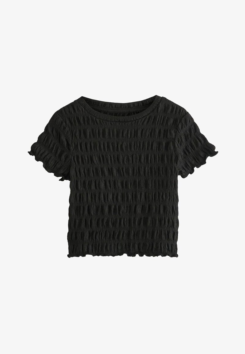 Top nero a maniche corte in tessuto strutturato e sgualcito. Presenta un colletto rotondo e bordi delle maniche arricciati, creando uno stile casual.