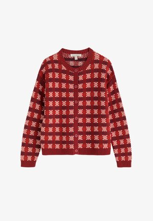 Punane nööpidega kardigan, millel on pikad varrukad ja millel on tumepunase, valge ja oranži tooni ruuduline muster.