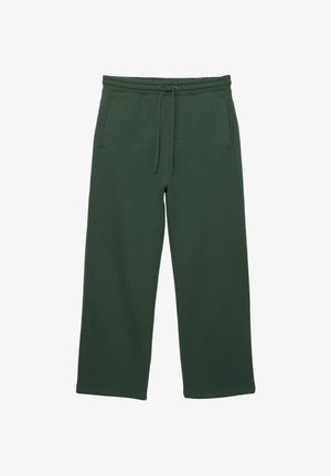 Donkergroene wijde joggingbroek met een elastische tailleband, koord en zijzakken, weergegeven op een witte achtergrond.