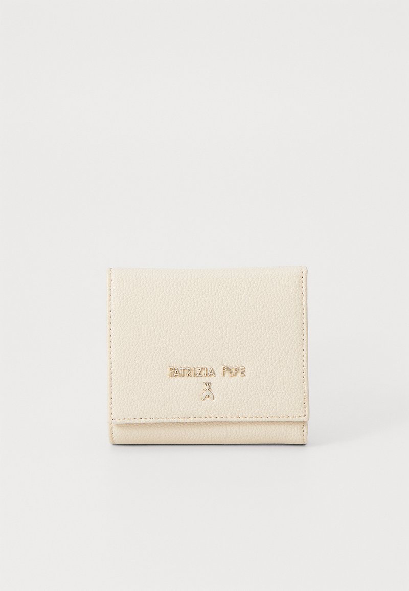Compact cream-colored wallet made of textured leather, featuring a gold logo and magnetic closure. Slim rectangular design for portability.